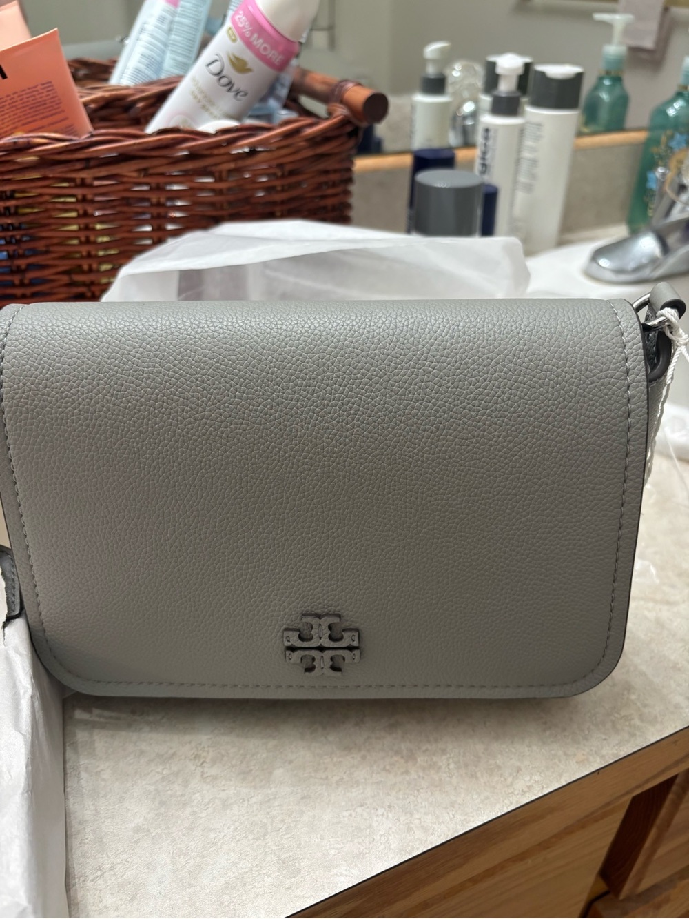 Tory Burch Pebbled Leather Small Flap Crossbody in Gray